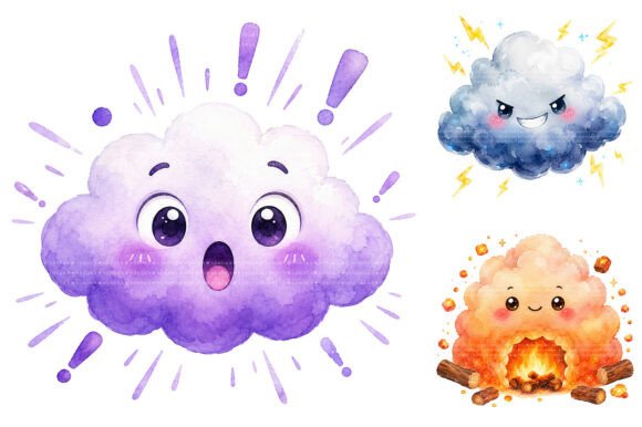 Download Watercolor Kawaii Clouds PNG Bundle - Clouds Collection
