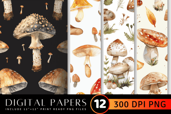 Download Watercolor Mushroom Digital Paper Backgr - Mushroom digital paper Collection