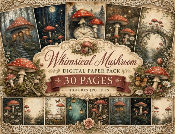 Download Whimsical Mushroom Digital Paper - Mushroom digital paper Collection